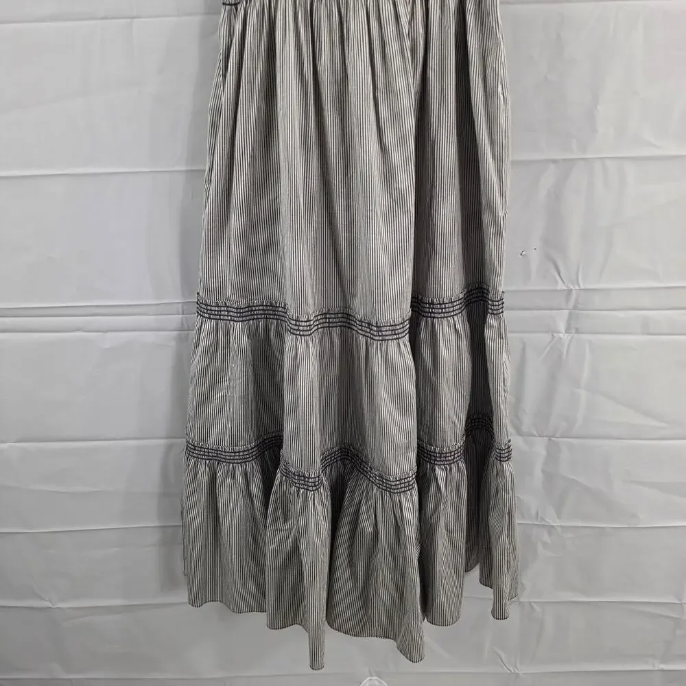 Tory Burch Dress Large Smocked Striped Midi Black Boho Summer Feminine Romantic
